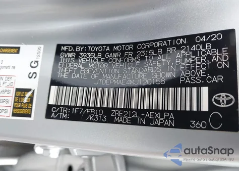 2021 Toyota Corolla Le from USA, damaged, VIN JTDEPMAE4MJ120158